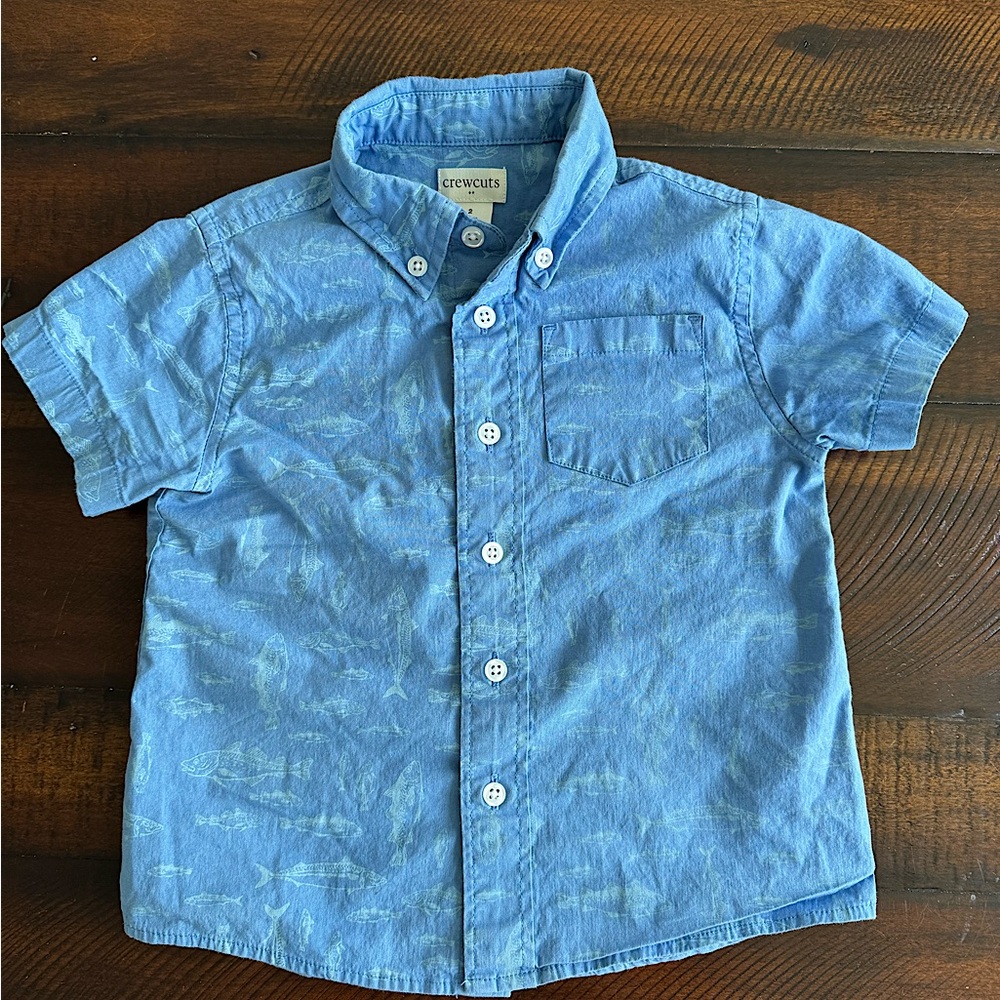 Crewcuts J.Crew Blue Fish Print Button Down. Size 2